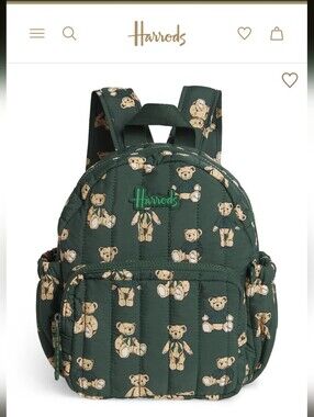 Harrods Dark Green Teddy Bear Quilted Kids Backpack